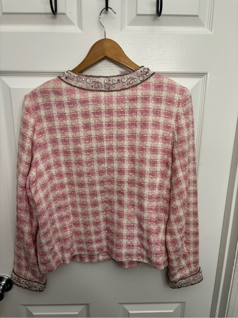 Berek by Takako Sakon Pink/Cream Tweed Plaid Embellished Vintage Lace Jacket - Picture 2 of 10